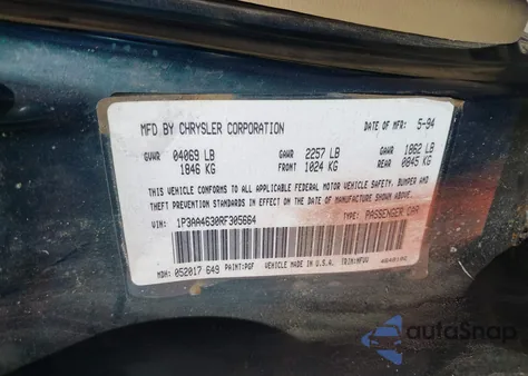 1994 Plymouth Acclaim from USA, damaged, VIN 1P3AA4630RF305664